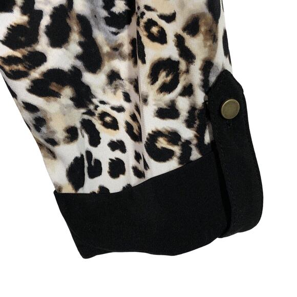 Black Tunic Top with Cheetah Print Sleeve Popover Zipper Accent M Retro Mob Wife - Picture 3 of 8